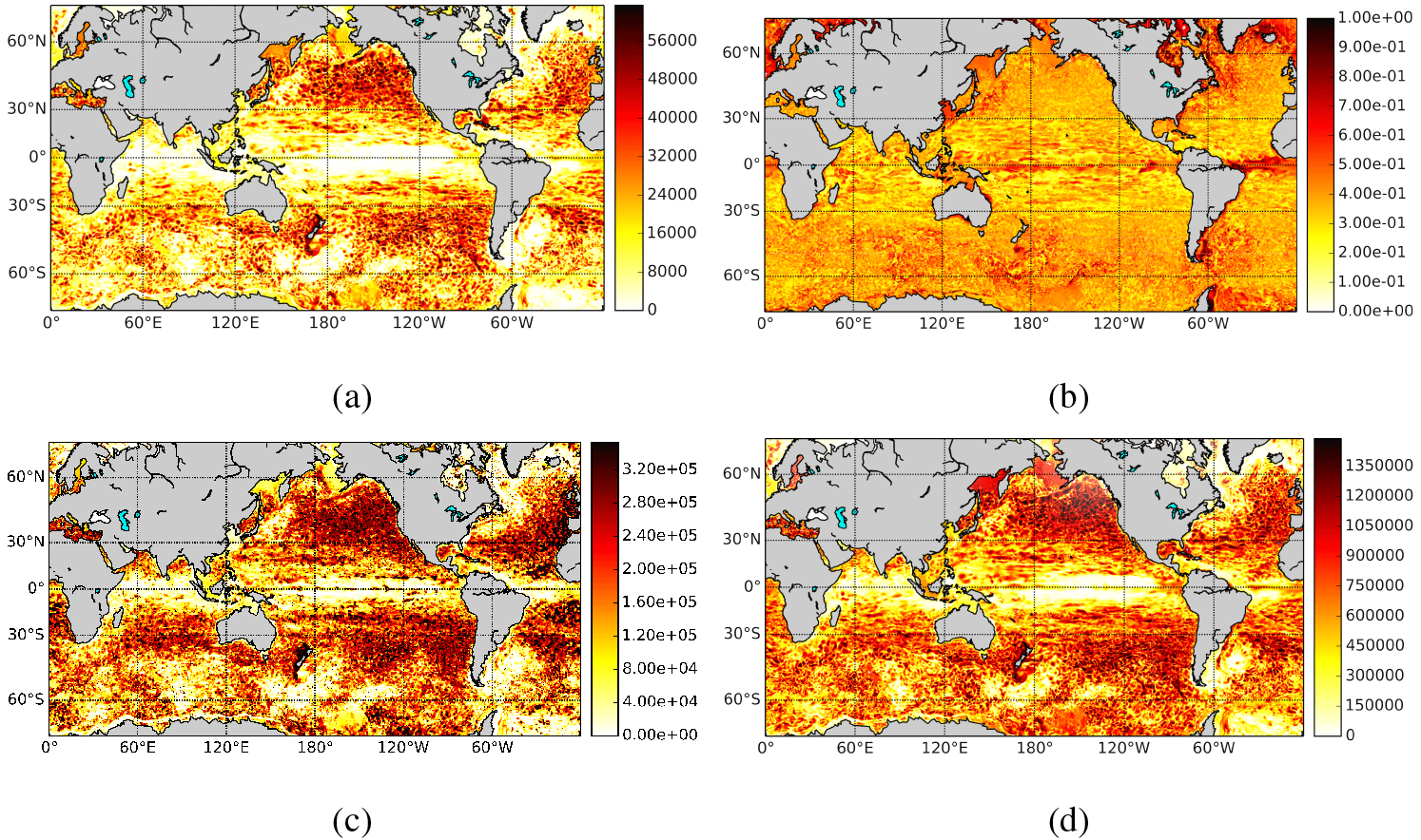 Four world maps of network measures computed from sea-surface height in a global ocean model: degree, clustering and betweenness on a 0.4-degree grid, and degree on the finer 0.1-degree grid